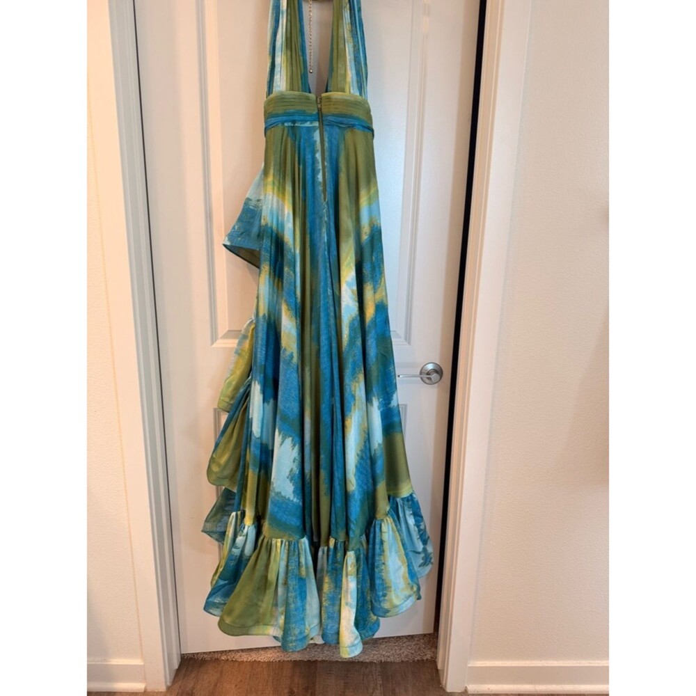Bronx Banco Palma Coastal Gown Teal & Lime Halter High-Low Ruffle Maxi Dress - Picture 15 of 16